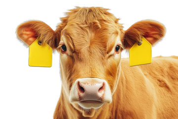 Close-up of a young cow with yellow tags