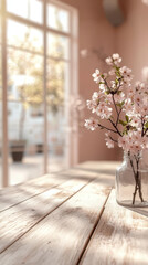 Glass vase with delicate cherry blossoms sits on sunlit wooden table, creating serene and peaceful atmosphere in softly lit room
