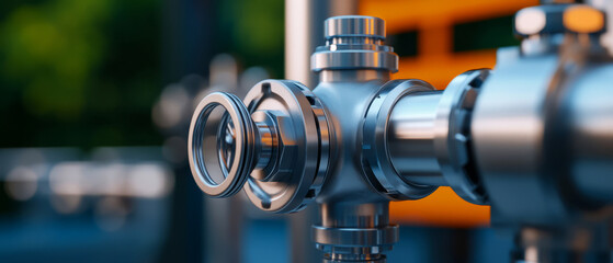 Fototapeta premium Close-Up View of Industrial Metal Valve with Shine and Detail in Modern Factory Environment