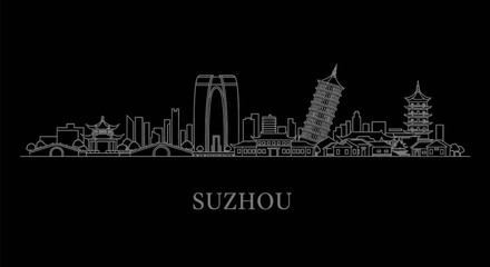 Obraz premium Suzhou China Skyline with White Outline on Black.
