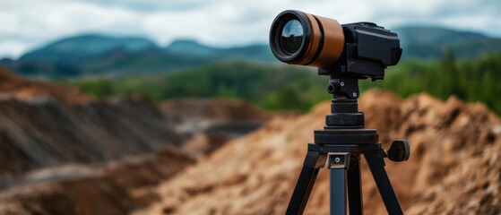 Camera on Tripod in Scenic Landscape with Mountains and Gravel Background Nature Photography