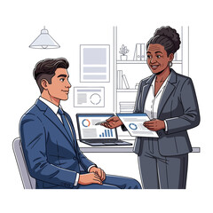 Business Meeting Illustration – Diverse Professionals Discussing Financial Reports