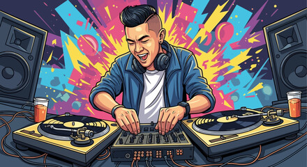 Energetic DJ Performing on Turntable with Colorful Party Background – Vector Illustration