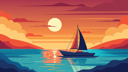 Naklejka premium Sailboat at sunset on the water with reflections against a beautiful colorful sky