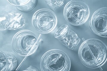 Plastic cups, straws, and wrappers, a top-down view.  Transparent disposable containers and ice