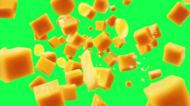 Fresh mango cubes splashing water animation, transparent 4K video, green screen