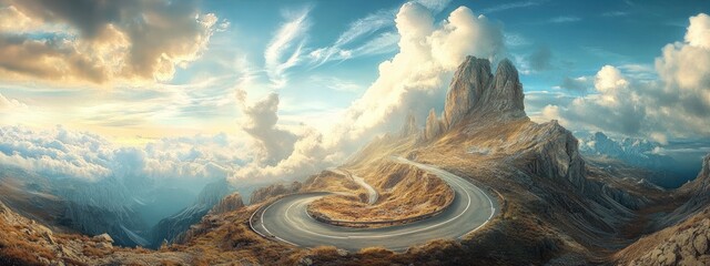 Serpentine mountain road winding through dramatic peaks under a vast, colorful sky
