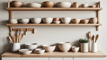 Scandinavian Kitchen Shelf with Ceramic Bowls and Wooden Utensils in Soft Beige Tones Under Natural Light