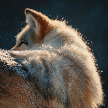 Closeup of the wolf&rsquo;s shoulder/neck fur layered with fresh snow. Show depth of underfur vs. guard hairs, with melting snow droplets. Backlit to emphasize translucency. Style: Textural study, natural b