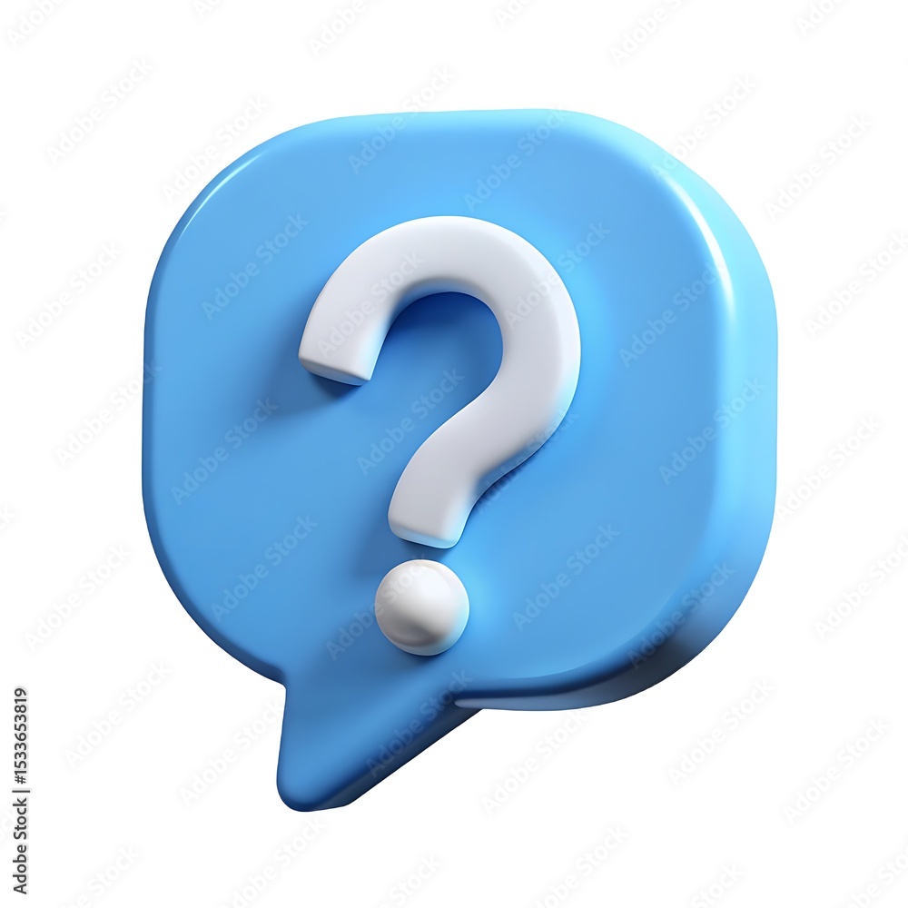 Poster 3d rendered question mark inside a blue speech bubble representing queries and uncertainty
