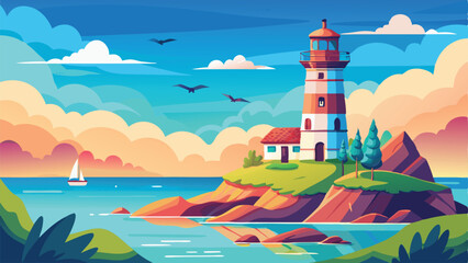 Scenic coastal illustration of a lighthouse sailing boat and birds under a colorful sky