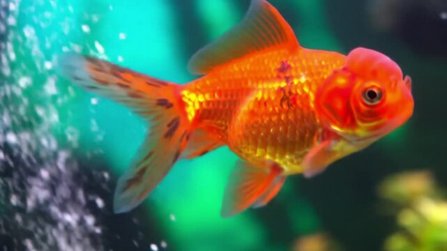 A beautiful fantail goldfish with shimmering red and orange scales and flowing fins, swimming horizontally in a clear aquarium. The background features blurred aquatic plants with 