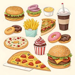  Overhead shot of burgers, fries, fried chicken, pizza, sauces, and drinks on a square tray.