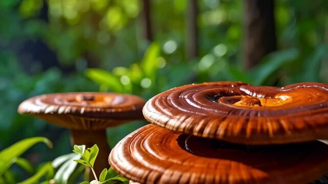 Three glossy brown Reishi mushrooms stacked in a vibrant green forest with soft sunlight and blurred background, showcasing natural beauty