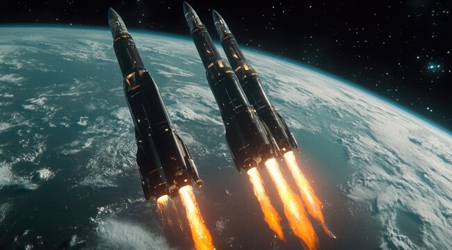 Three powerful rockets launch into space, fiery trails against a backdrop of Earth