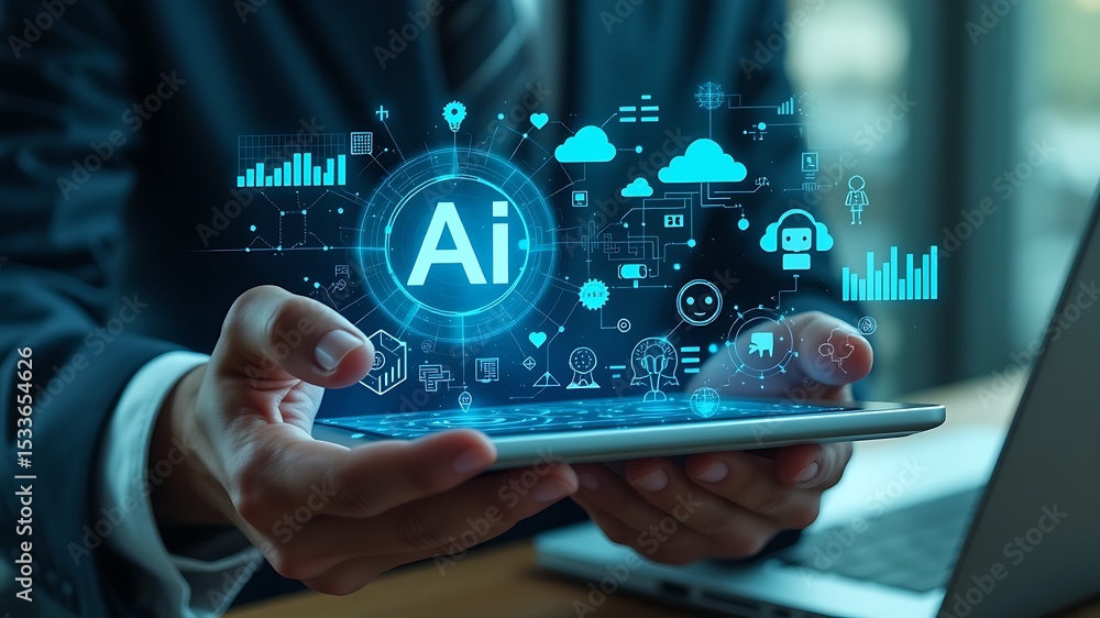 Poster person interacting with ai technology displayed on a tablet device