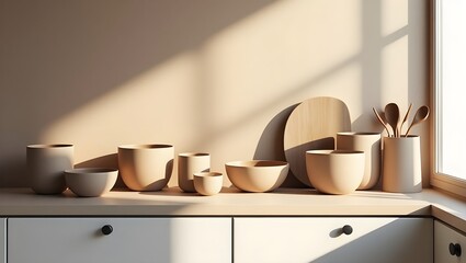 Scandinavian Kitchen Shelf with Ceramic Bowls and Wooden Utensils in Soft Beige Tones Under Natural Light