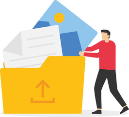 File transfer, businessman with folders, transferred documents to server, copy files, data exchange, backup, saving document in storage, digital data migration between devices stock illustration

