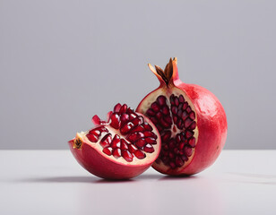 A red pomegranate cracked open showing the seeds inside, isolated on clean background, sharp detail