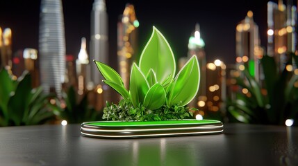 Luminous Green Plant Thriving in a Modern City Nightscape