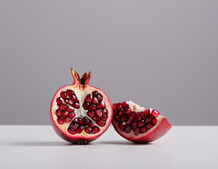 A red pomegranate cracked open showing the seeds inside, isolated on clean background, sharp detail