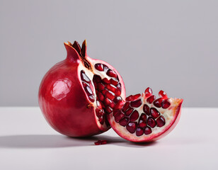 A red pomegranate cracked open showing the seeds inside, isolated on clean background, sharp detail