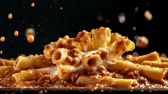 Baked ziti tumbling mid-air in splash, sauce and pasta texture highlighted under bright lighting on black