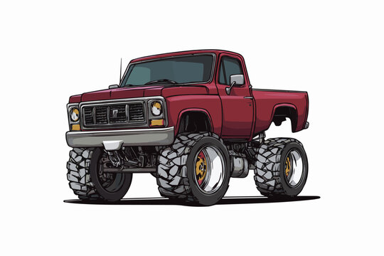 Red pickup truck with oversized tires showcases rugged design and adventure spirit