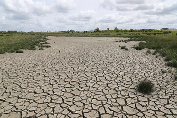 a dried-up river, cracked ground