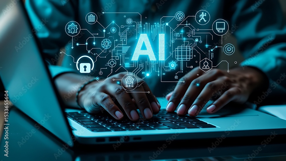 Poster person using laptop with ai interface showing data processing and network connections