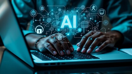 Person using laptop with ai interface showing data processing and network connections