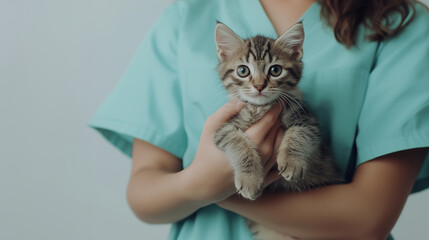 doctor veterinarian is holding a cute grey kitten cat on hands at vet clinic