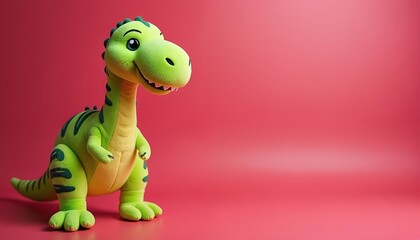 Fototapeta premium Cute Brontosaurus plush toy stands on red background. Cartoon dino with friendly face, big eyes, smiling. Soft cuddly monster, green color, fun for kids. Toy for children, prehistoric animal