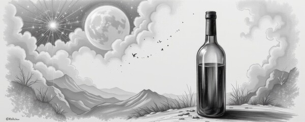 Monochrome Drawing of Wine Bottle Under a Night Sky with a Full Moon