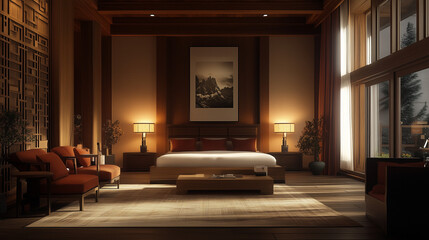 Elegant Modern Chinese Bedroom Interior with Warm Red and Wood Tones