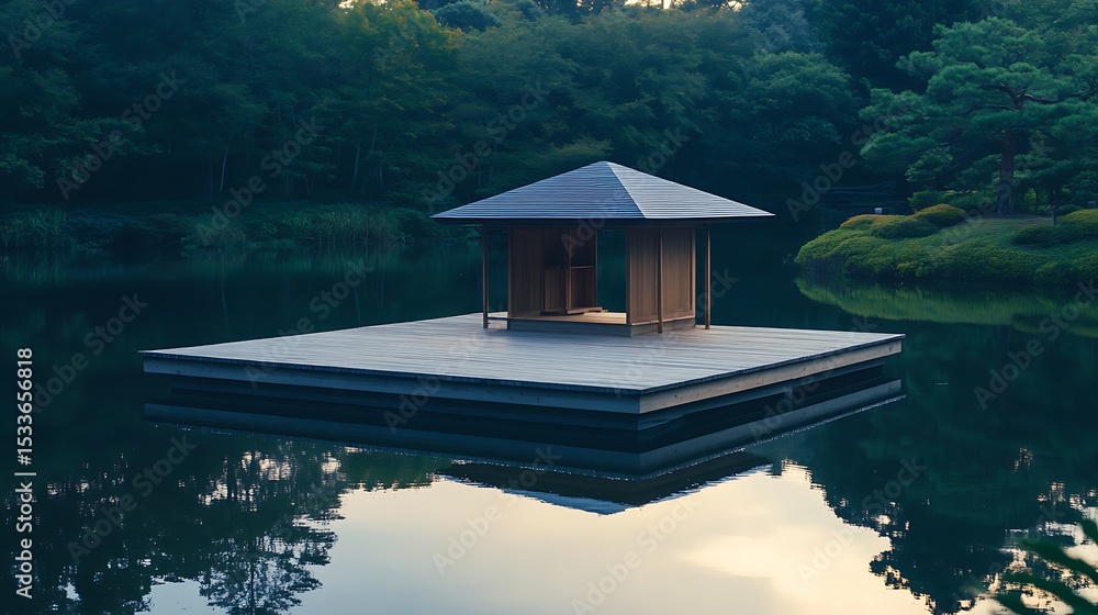 Poster pavilion on pond with reflection and forest backdrop
