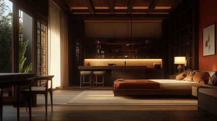 Naklejka premium Elegant Modern Chinese Bedroom Interior with Warm Red and Wood Tones