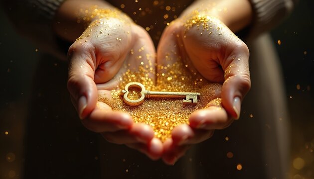 Woman hands cradle golden key, shimmering gold dust. Symbol of success, unlocking opportunities dreams. Concept of achievement, wealth, business growth, empowerment, hope. Glittering key sparkles