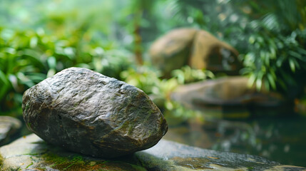 natural Stone podium, rock platform for product display in green forest, natural scenery