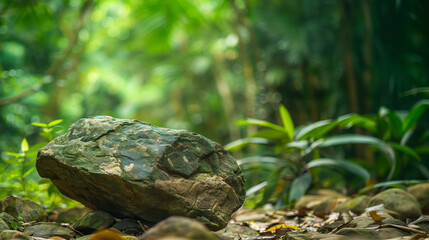 Close-up of a rock, Stones, Rock floor stand podium in garden green leaves background, Product Display in nature green concept