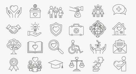 Collection of Linear Icons Representing Acts of Kindness and Compassion