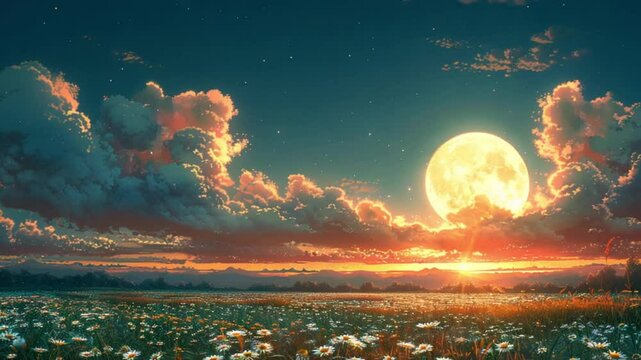 Big chamomile flower at night with bright moon shining