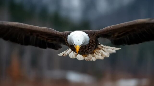 Bald Eagle in Flight with Forest Background.