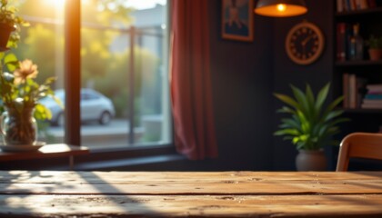Rustic Wooden Table in Sunlit Room Interior