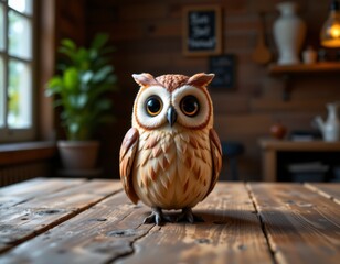 Brown Wooden Owl Figurine on Rustic Table