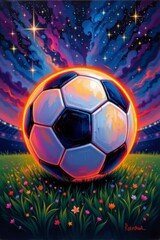 Glowing Soccer Ball in a Field of Flowers Under a Starlit Sky