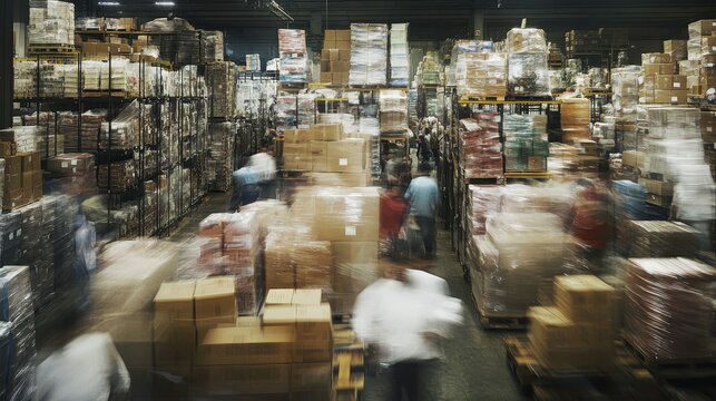 photo of the inside of a warehouse full, full, full of boxes, with people busy working in the space, moving boxes around, but all people are shown a little blurred using motion blurredness -