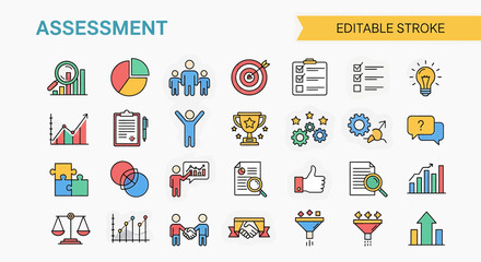 Colorful Assessment Icons Representing Business Analysis and Evaluation
