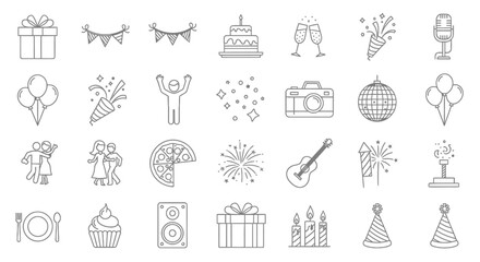 Line art icons depicting party, celebration, and festive event elements