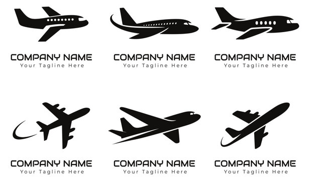 Modern Airplane Logo Vector Set for Aviation and Airline Branding. Airplane logo bundle for branding a company. Silhouette airplane logo icon bundle